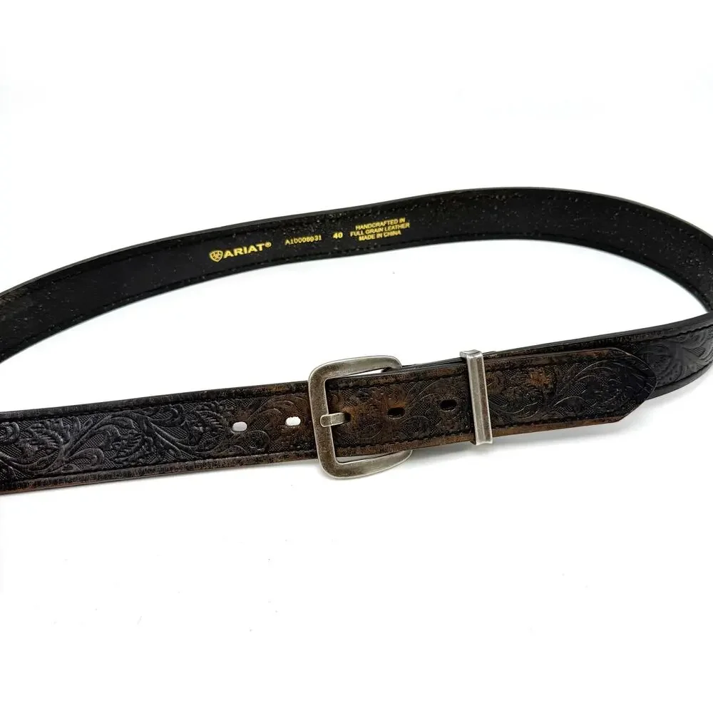 Ariat Floral Tooled Black Leather Western Belt 40 Distressed Cowboy Handcrafted